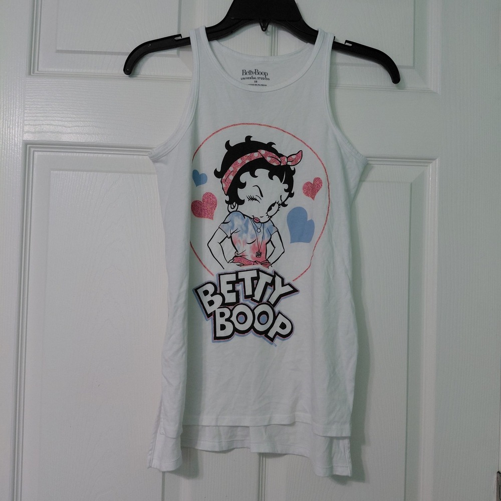 Betty Boop Universal Studios Graphic Tank Top White XS Glitter Hearts High Low